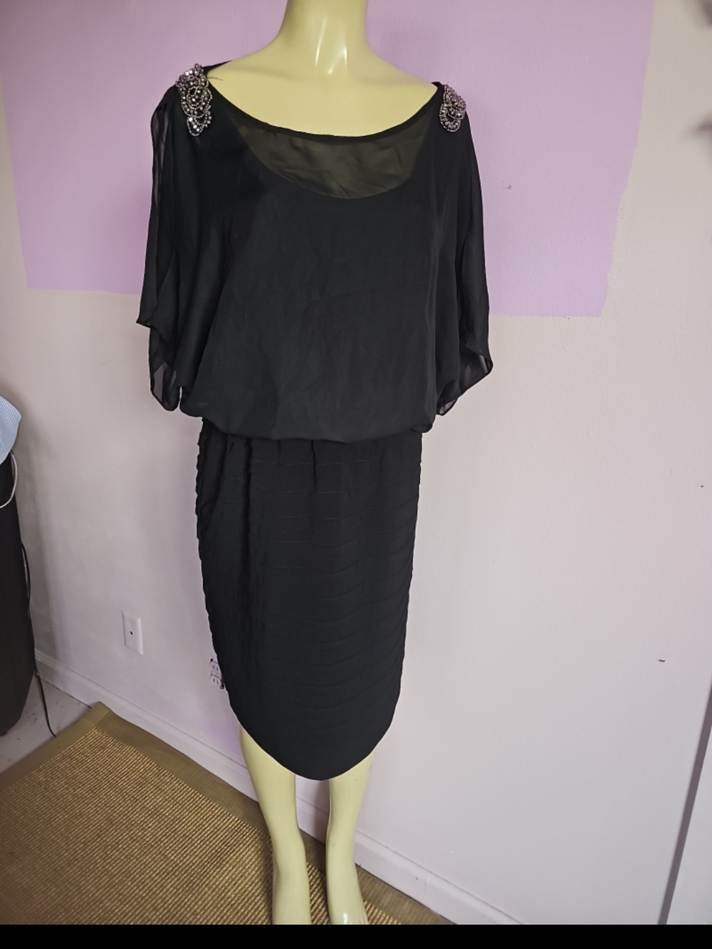 Onyx Black Midi Dress with Embellished Shoulders